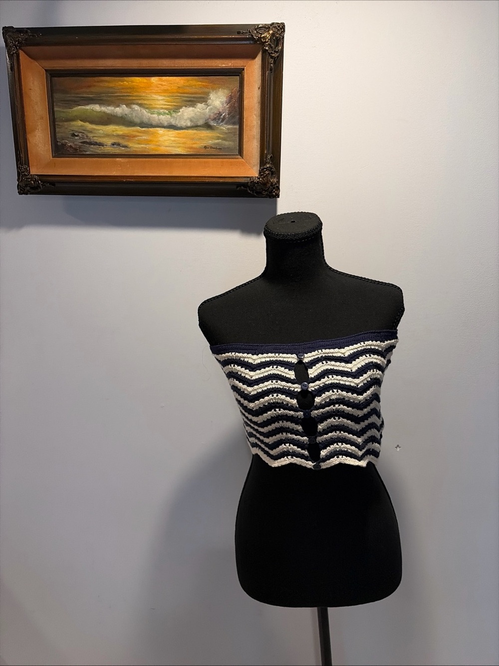 NWT 4th & RECKLESS Crochet Tube Crop Top Navy Stripe Festival Retro Boho Hippie